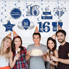 16 PCS Blue Silver 16th Birthday Hanging Swirls Boys Foil Party Supplies