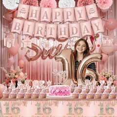 Sweet 16 Party Decorations Include 16 Banner Backdrop Rose Gold, Pink
