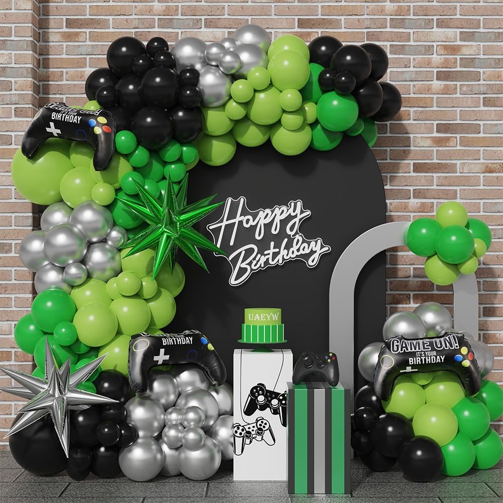 144Pcs Video Game Balloon Arch Garland Kit Green Black Silver Explosion Star …