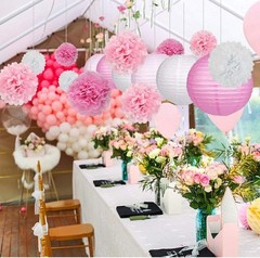 15Pcs Party Pack Paper Lanterns and Pom Pom Balls Hanging Decoration for Wedd…