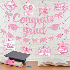 Pink Graduation Decorations – Bow Themed Congrats Grad Banner and Class of 2026