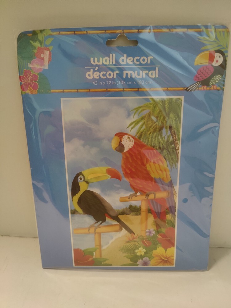 Beach Scene Parrot’s & Tropical Flowers DOOR COVER Luau Mural Party Wall Decor
