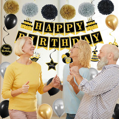 Black Gold Birthday Decorations Set | Happy Birthday Banner & Sash, Balloons Pom
