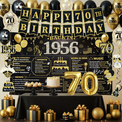 70Th Birthday Decorations for Men Black Gold, 37PCS 70Th Birthday Party Supplies