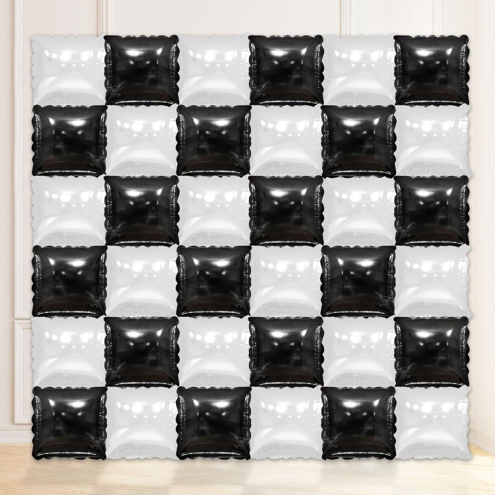 36 Pcs Black and White Square Foil Balloon Wall Backdrop Double Sided Race Ca…