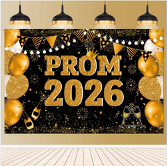 Black Gold Prom 2026 Congrats Grad Backdrop Photo Background Banner Party Decor