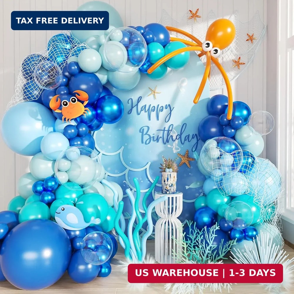 Under the Sea Balloon Arch Kit 130Pcs Dark Blue Metallic Blue Orange Long Balloo