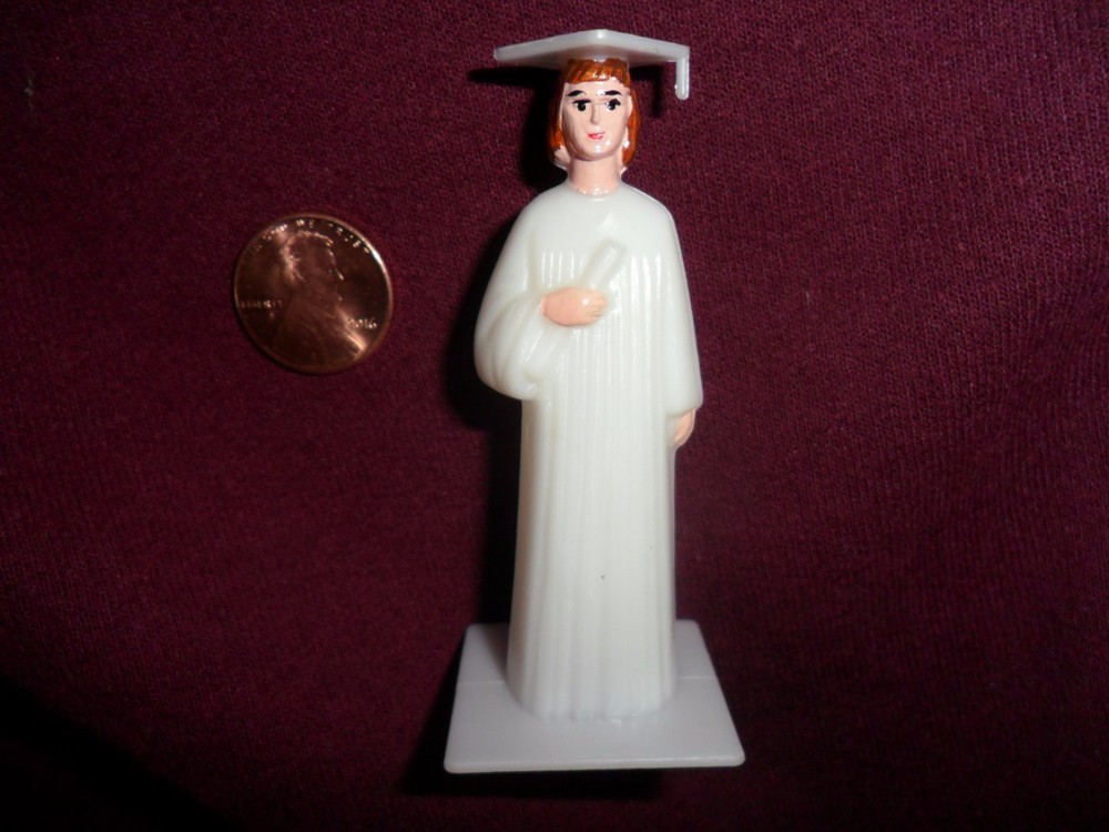 Vintage Plastic Girl Graduate in White Cap and Gown Holding Diploma