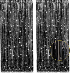 2 Pack 3.2Ft X 8.2Ft Black Tinsel Foil Fringe Curtains, Metallic Foil Tinsel Pho