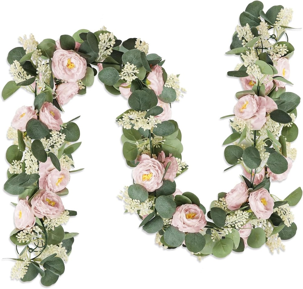 2 Pcs Pink 6.6Ft Artificial Eucalyptus Flower Garland with Fake Rose Flower Vine
