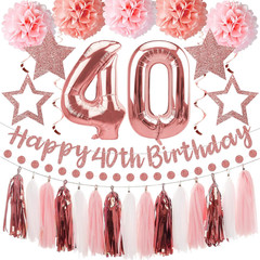 13Pcs 40Th Birthday Decorations for Women, Pink Rose Gold Happy 40Th Birthday Ba