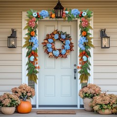 6ft Fall Hydrangea Garland with Blue Pumpkins – Autumn Artificial Floral Pump…