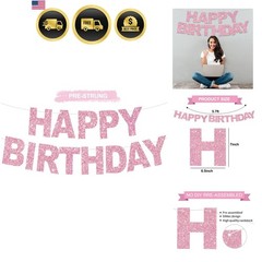 Happy Birthday Banner – Pink Pre-Strung No DIY Birthday Decorations – Happy B…