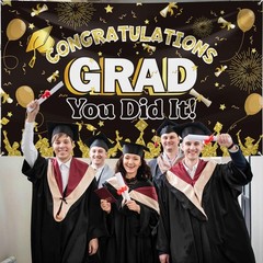 Graduation Banner, Extra Large 72×44» Black Gold Congrats Grad Banner, Gradu…