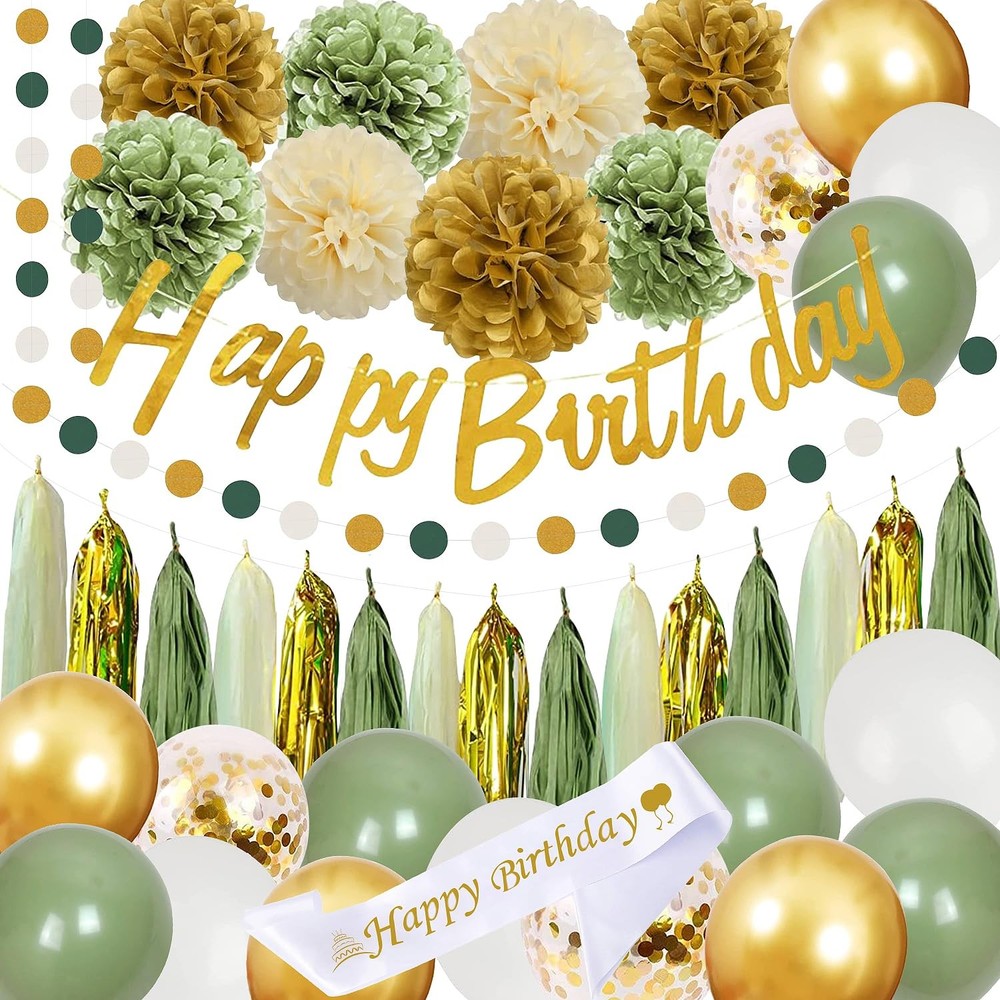 Sage Green Birthday Party Decorations with Happy Gold