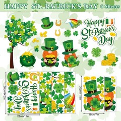 6 Sheets St. Patrick’s Day Window Clings Large Clover Tree Gnome Window Decals D