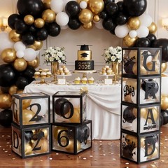 4 Pcs 2026 Graduation Balloon Boxes, Black & Gold Party Decorations with blessin