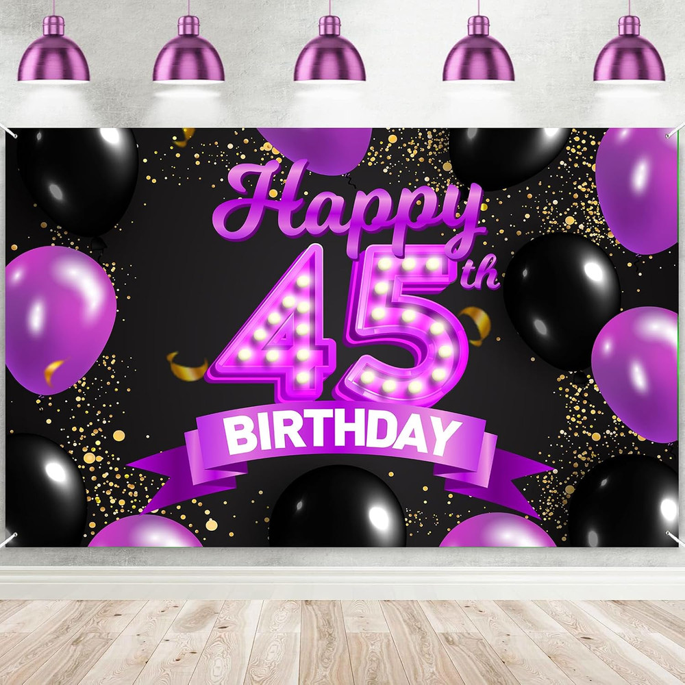 Happy 45Th Birthday Purple and Black Banner Backdrop Cheers to 45 Years Old