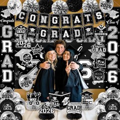Class of 2026 Graduation Decorations Black & Silver All-in-1 Banner Balloon Kit