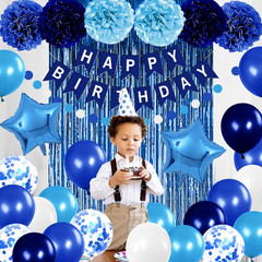 Blue Birthday Party Decorations Set Balloons Banner Pom Poms Curtain Boy Theme