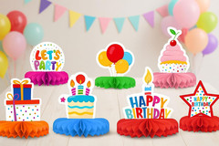Birthday Party 9 Piece Decorations Set with Honeycomb Centerpiece, Colorful Tabl
