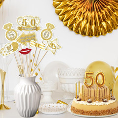 36Pcs 50Th Wedding Anniversary Photo Booth Props, White Gold Decorations, Happy
