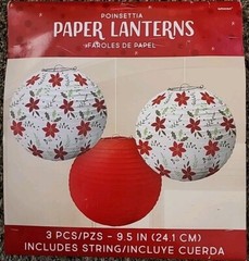 Poinsettia Paper Lanterns 1 Solid Red 2 With Print Christmas 9.5″ Decoration