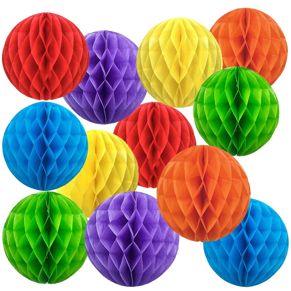 Rainbow Paper Honeycomb Balls6 and 10 inch Hanging Tissue Pompoms12 Pack Part…