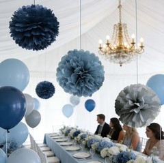 Navy Dusty Blue and Gray Hanging Flowers Tissue Pom Poms Party Decorations Wa…