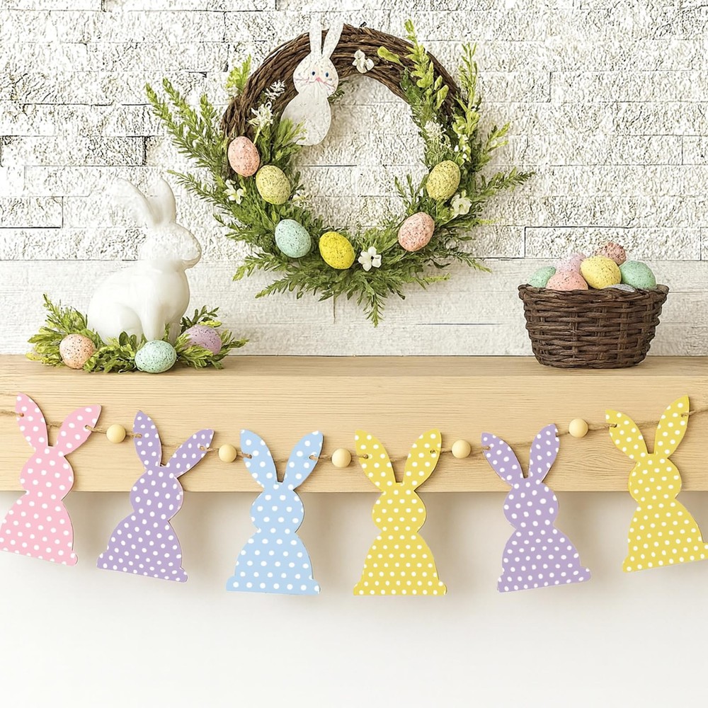 Cinnvoice Wooden Easter Bunny Rabbit Banner Vintage Rustic Rabbit Beads Garla…