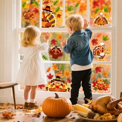 Thanksgiving Decorations Window Clings, 4 Sheets Large Size Orange