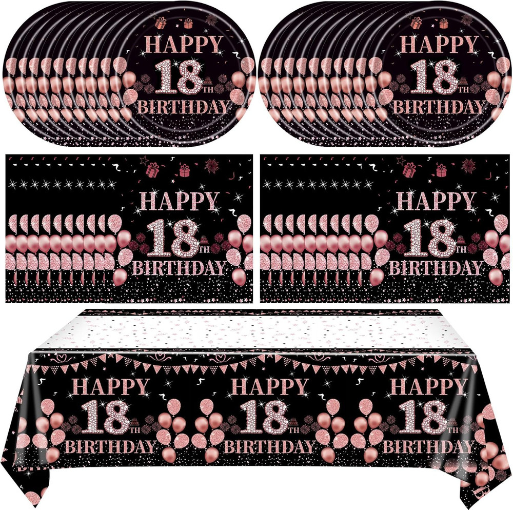 18th Birthday Party Tableware Set 41Pc Rose Gold Plates Napkins Tablecloth