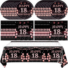 18th Birthday Party Tableware Set 41Pc Rose Gold Plates Napkins Tablecloth