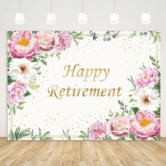 10x7ft Happy Retirement Backdrop – Pink Rose Gold Dots, Floral Greenery Decor, P