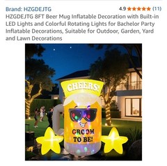 Groom to Be Inflatable 8ft 120V Lighted Beer Mug Fun Wedding Party Decoration