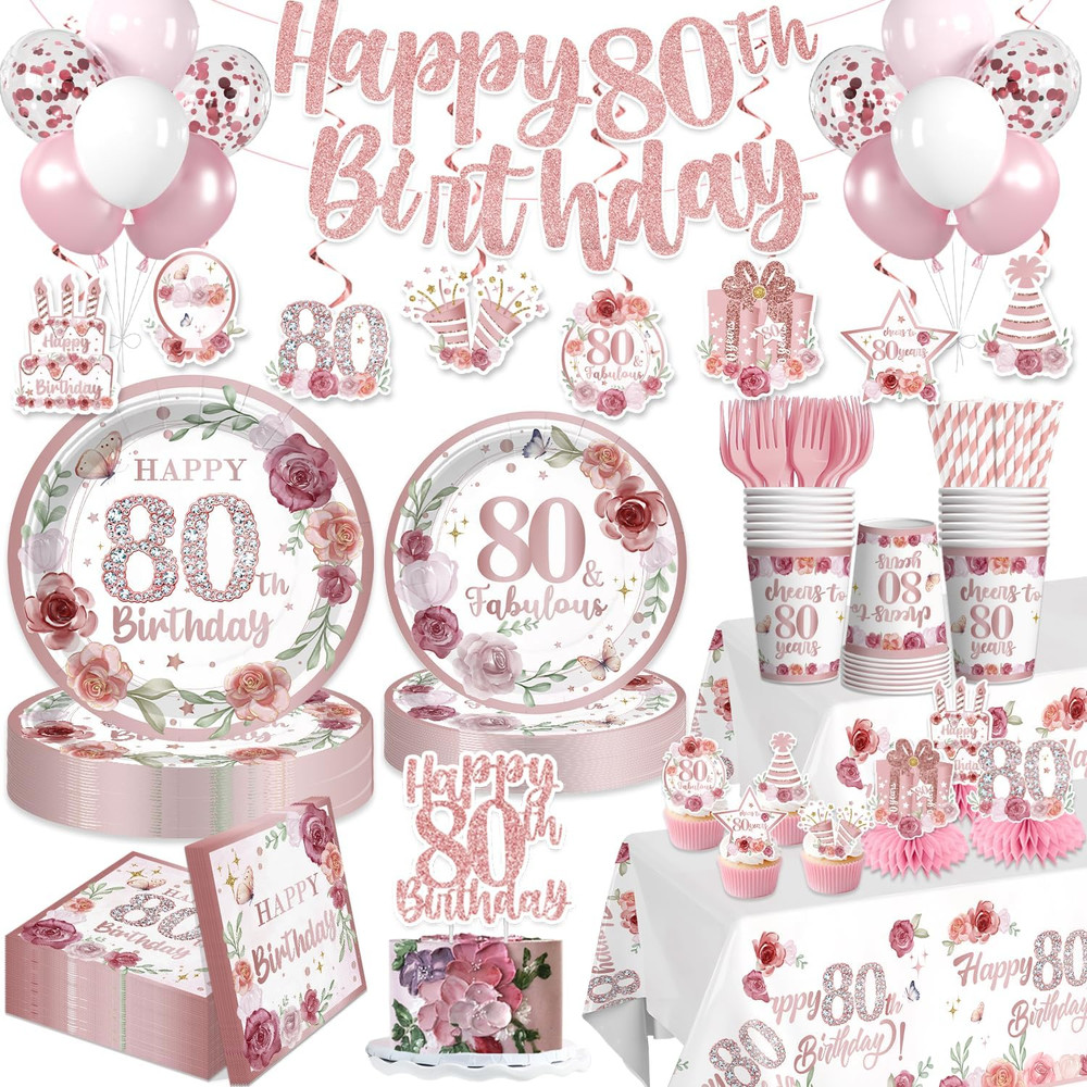 201Pcs 80Th Birthday Decorations for Women Tableware Set, Rose and Gold 80Th Bir