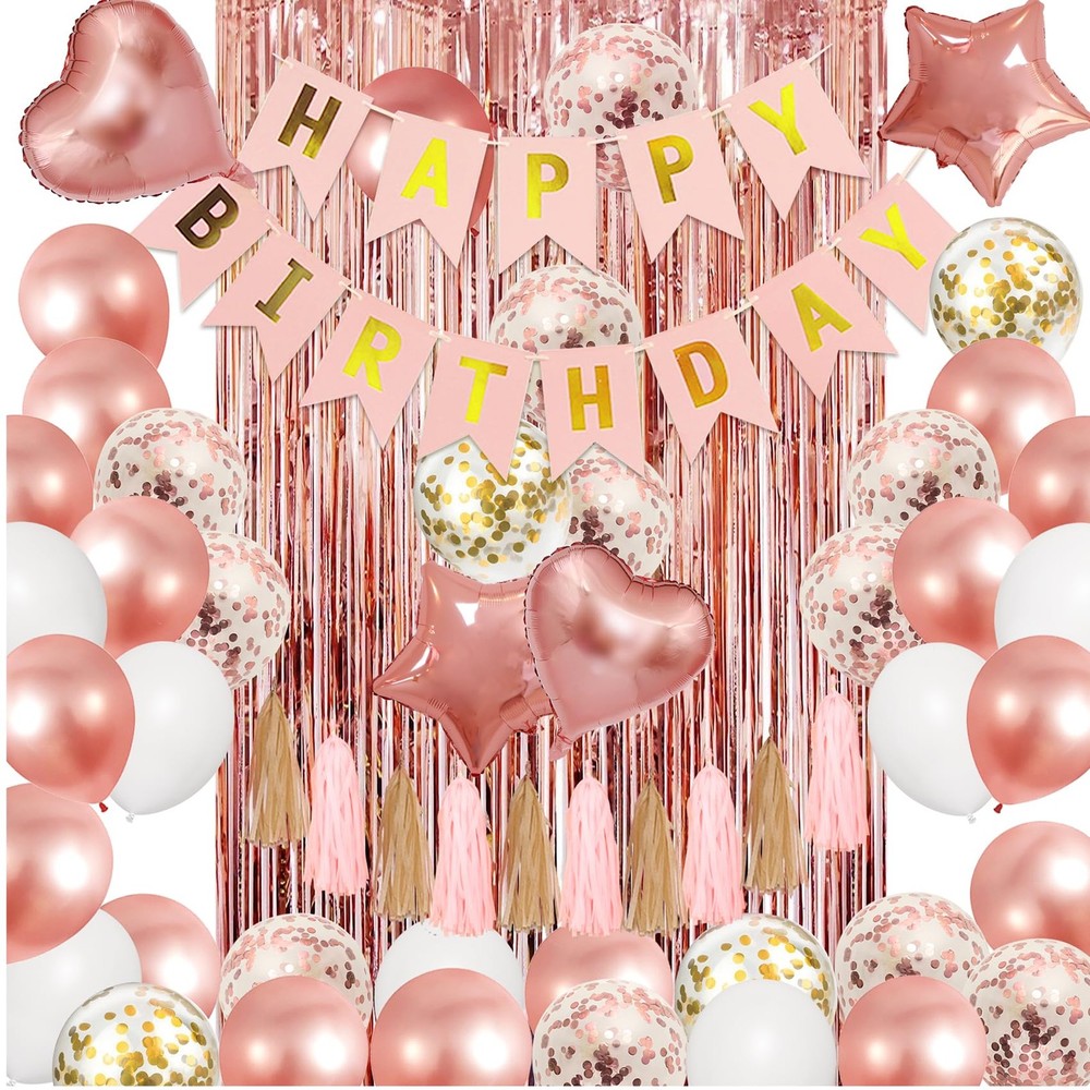 Rose Gold Birthday Party Decorations Kit, Confetti Foil Rose Gold Balloons Ha…