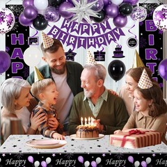Black and Purple Birthday Decorations for Women Girls, Happy Birthday Decoration