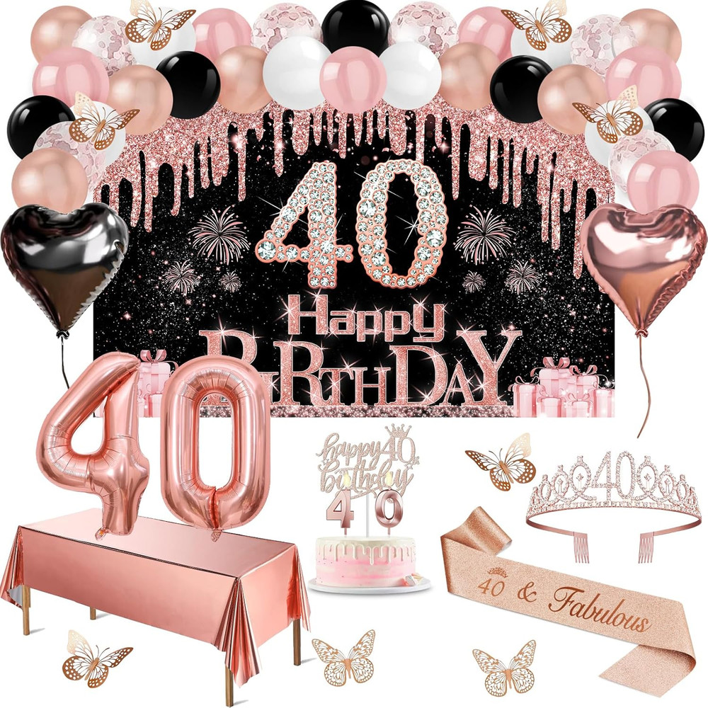 40Th Birthday Decorations Women, 49Pcs Black Rose Gold Black Happy 40Th Birthday