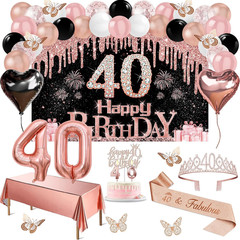 40Th Birthday Decorations Women, 49Pcs Black Rose Gold Black Happy 40Th Birthday
