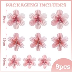 9 PCS Pink, Cherry Blossom Party Decorations, Paper Fans, Floral Backdrop, Decor