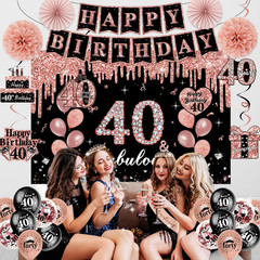 40Th Birthday Decorations for Women,52Pcs PRE-STRUNG Rose Gold Black Party Set-4