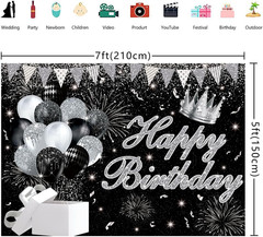 Silver Black Happy Birthday Backdrop 7X5Ft Silver and Black Glitter Birthday
