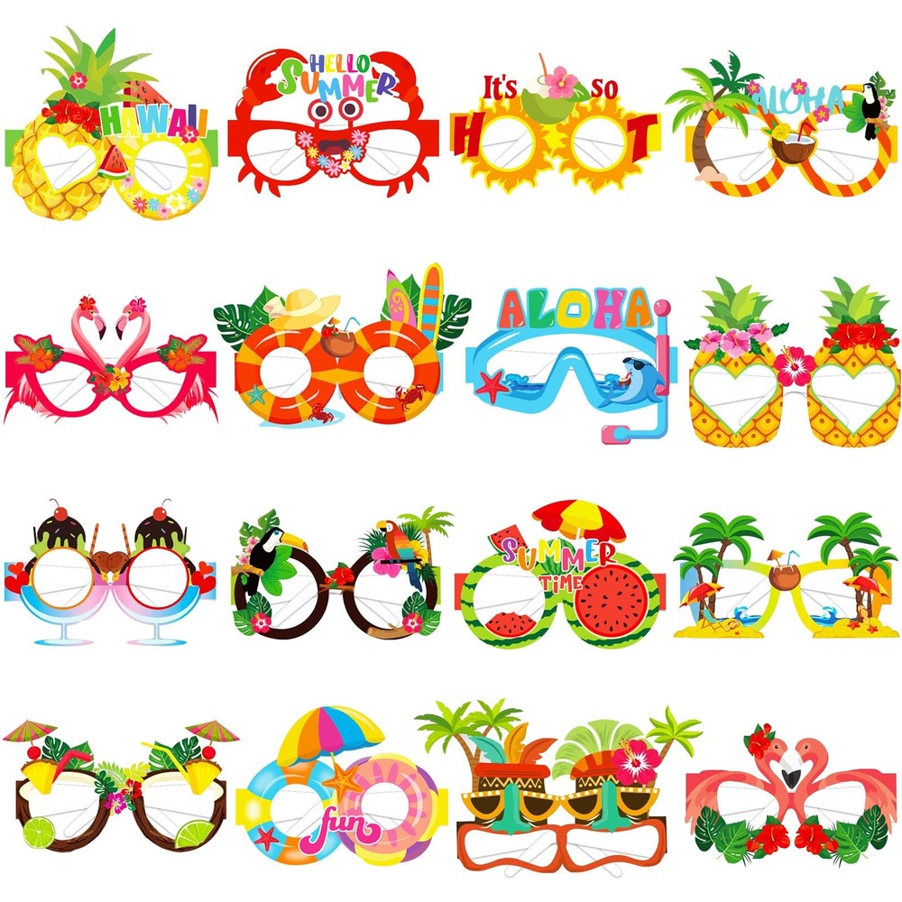 16 Pcs Summer Hawaiian Paper Glasses, Bulk Tropical Beach Pool Party Eyeglass…