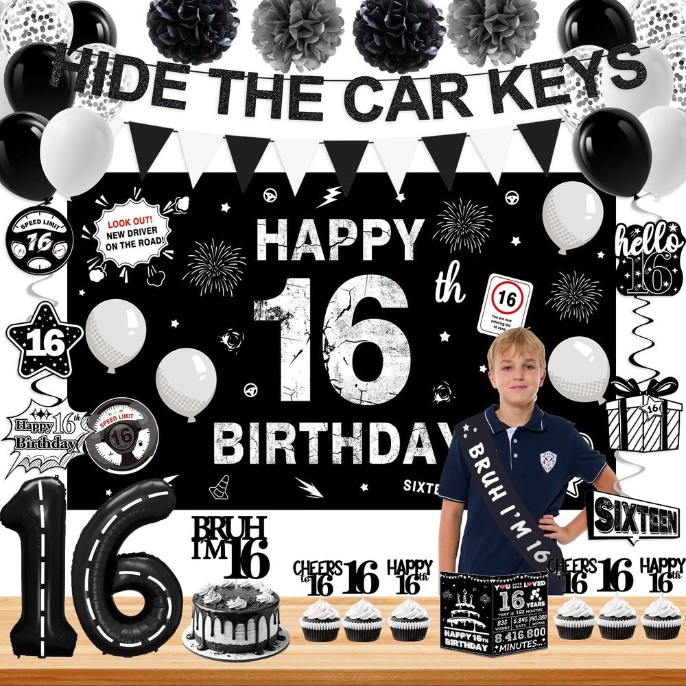 Happy 16th Birthday Decorations for Boys Girls, Black and Silver