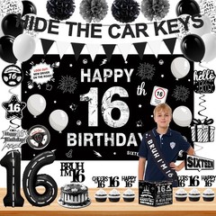 Happy 16th Birthday Decorations for Boys Girls, Black and Silver