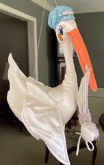 Vintage Large Plush Hanging Stork & Baby, 17 «, By Russ painted eyes,Satin