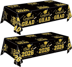 2 Pack Graduation Tablecloths Black Gold Class of 2026 Disposable Party Decor