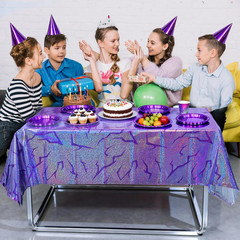 3PCS Demon Hunters Birthday Tablecloth Decorations, Purple Demon Energy Pattern