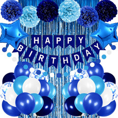 Blue Birthday Party Decorations Set Balloons Banner Pom Poms Curtain Boy Theme